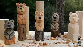 Carve a Bear in a Log out of a Dowel /Stick or Block of Wood -Full Tutorial