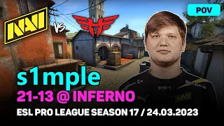 CSGO POV NAVI s1mple (21-13) vs Heroic (INFERNO) @ ESL Pro League Season 17 / Mar 24, 2023