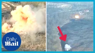 Lone Ukrainian tank blasts Russian troops and causes huge explosion