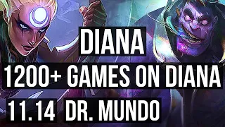 DIANA vs DR. MUNDO (MID) | 11/0/1, 1200+ games, Legendary, 1.3M mastery | BR Master | v11.14