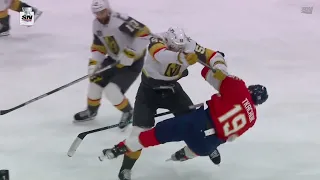 Keegan Kolesar clean check on Matthew Tkachuk