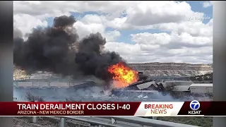 Train derails and catches fire west of Gallup