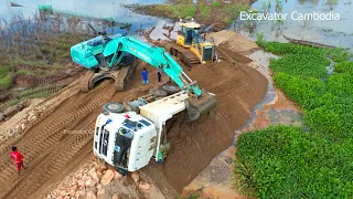 Dump Truck Drive Back Unloading Landslide Overturned - Recovery Dump Truck Stuck - Excavator Struck