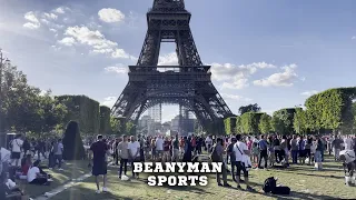 Football fans near the Eiffel Tower in Paris ahead of the Champions League final