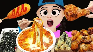 Animation 엽떡 로제떡볶이 먹방! SPICY Rose Sauce Tteokbokki MUKBANG 중국당면, 베이컨, 주먹밥, 핫도그