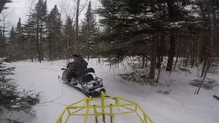 500 polaris widetrack,hatch snow drag, grooming tight woods trail northern maine