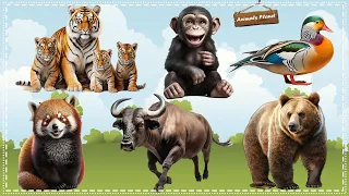 Bustling animal world sounds around us: Red Panda, Buffalo, Chimpanzee, Bear, Mandarin ducks, Tiger