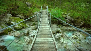 A calming turquoise mountain river flows under the suspension bridge. 10 hours white noise