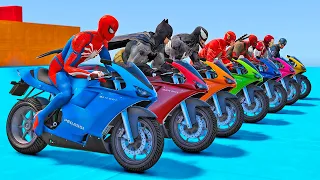 MOTOS COM HOMEM-ARANHA e HERÓIS! DESAFIO de CARROS, MOTOS, AVIÕES nova CORRIDA ACROBÁTICA - GTA V