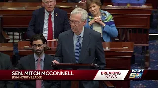 Sen. Mitch McConnell reacts after Senate passes aid for Ukraine, Israel