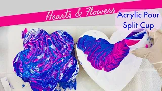 Acrylic Pouring ~ Split Cup Pour "Hearts & Flowers" | Fluid Acrylic Pour On Wooden Christmas Decor