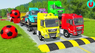 Double Flatbed Trailer Truck vs Speedbumps Train vs Cars | Tractor vs Train Beamng.Drive 80