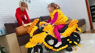 Margo and Nastya Ride on Toy Sportbike & playing with toy