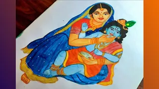 How to draw Little Krishna with Maa Yashoda|| Krishna and yashoda painting|| Mother's day drawing