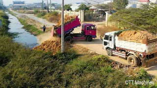 Just Starting New Project Fill The Land By Mini Dump Trucks5T & Bulldozer Spreading Stone Into Water