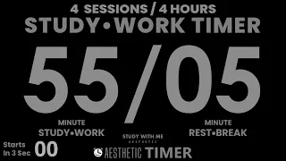 DARK Mode, Pomodoro 55/5 Study Timer, No Music, 4 Sets, 55 Minute Study Timer, Gentle Alarm