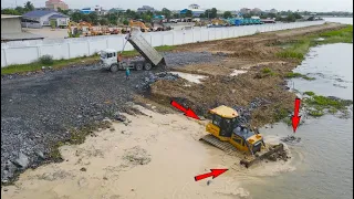 Best Equipment Machine Building New Road by SHANTUI Push big stone & Truck Spreading Stone to Water