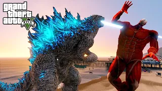 Godzilla and Colosal Titan Battle GTA V Mods