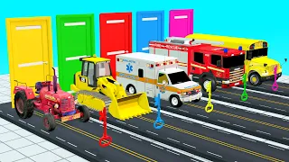 Choose The Right Door With JCB Tractor School Bus Fire Truck Vehicle Game Mystery Key Challenge