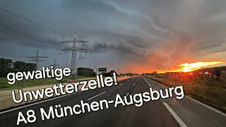 gewaltige Unwetterzelle Do. 06.06.2024 ca. 21Uhr auf der A8 von München Richtung Augsburg in 4k HDR!