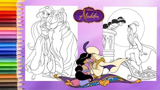 Coloring Prince Ali Princess Jasmine on Magic Carpet & Rajah - Aladdin Coloring Book