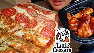 ASMR EATING LITTLE CAESARS PIZZA CAR MUKBANG ( CHEESY PEPPERONI & CHICKEN WING ITALIAN CHEESE BREAD
