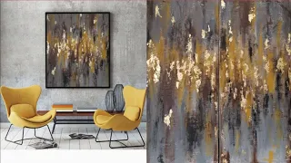 Easy Acrylic Abstract  Gold leaf painting using 4 colors |Grey | yellow |black | brown