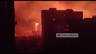 burning gas pipeline, Saltovka, Kharkiv Ukraine, civil buildings March 2022 after russian terror