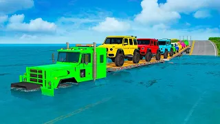 Flatbed Trailer Cars Transportation with Truck - Speedbumps vs Cars vs Train - BeamNG.Drive #21