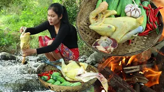 How to Cook chicken with and Fresh cucumber Taste Spicy - Cook chicken for food in Jungle # 302