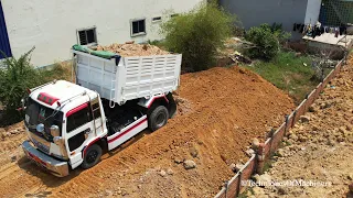 Wonderful Action Skill Mini Dump Trucks Dumping Soil With Komatsu D31P Dozer Pushing Soil In Village