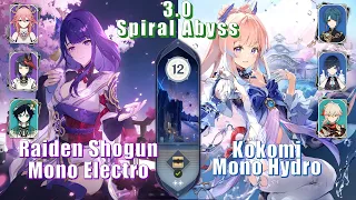 Raiden Mono Electro & Kokomi Mono Hydro - 3.0 Spiral Abyss Floor 12 9 Stars | Genshin Impact