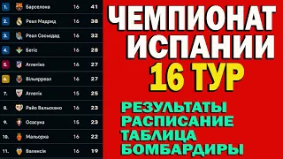 Чемпионат Испании по Футболу. Обзор 16 тур / Ла Лига . Результаты, Расписание, Таблица.