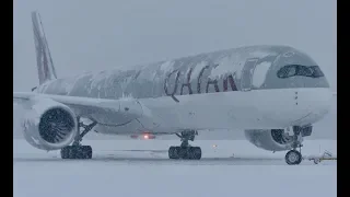 Qatar A350-1000 Snowstorm Departure/Towing in Quebec City (YQB)