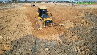 Excellent Shantui Bulldozer Activities Spreading Rock And Soil Clearing Muddy | Dozer Leveling Land