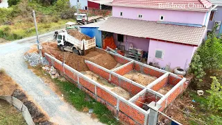 Small Dump Truck Dumping Sand Complete Box 100% And Bulldozer Pushing Sand In To Box Filling Up