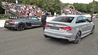 Audi RS3 Sedan TTE700 Hybrid Turbo vs Audi R8 V10 Spyder Performance