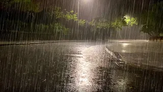 Get Instant Sleep with Beautiful Heavy Rain & Terrible Thunder in Picturesque Path in Park at Night