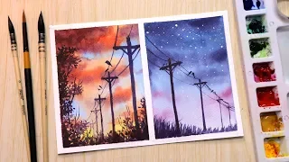 Watercolor painting for beginners sunset and evening landscape easy