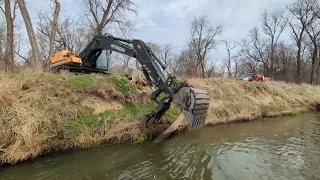 Excavator And A Specialized Pontoon Boat Working Together On The River! Wet And Wild!!