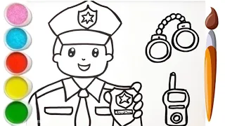 Drawing,painting and coloring a police officer with accessories:how to draw for kidsand Toddlers👮‍♂️