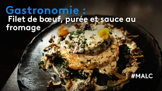 Gastronomie : filet de boeuf, purée et sauce au fromage