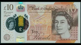 Chromophores: 10 Pounds Sterling Banknote (2016, Circulated) under ultraviolet light