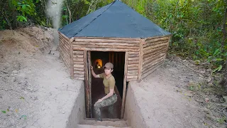 Build Underground Shelter with Fireplace from START TO FINISH - Plastic Roof & Wood Stove with Clay