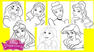 Disney Princesses Coloring Pages - Jasmine Snow White Cinderella Ariel Belle Aurora Rapunzel