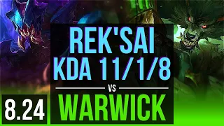 REK'SAI vs WARWICK (JUNGLE) | KDA 11/1/8, 66% winrate, Dominating | EUW Diamond | v8.24