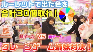 ルーレットで出た色の景品を２チーム合計30個取って重さ対決！クレーンゲームで景品30個取るまで帰れません姉妹対決をやってみた！【のえのん】【ゲーセン】