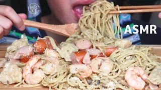 ASMR Eating Sounds | Spaghetti with Sausage, Shrimp & Wonton (Sticky Chewy Eating Sound) | MAR ASMR