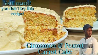 Cinnamon & peanut Carrot Cake recipe with peanut butter with peanut chunks buttercream frosting