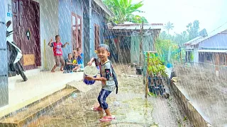 Walking in heavy rain and heavy thunderstorms in village life, rain sounds to sleep